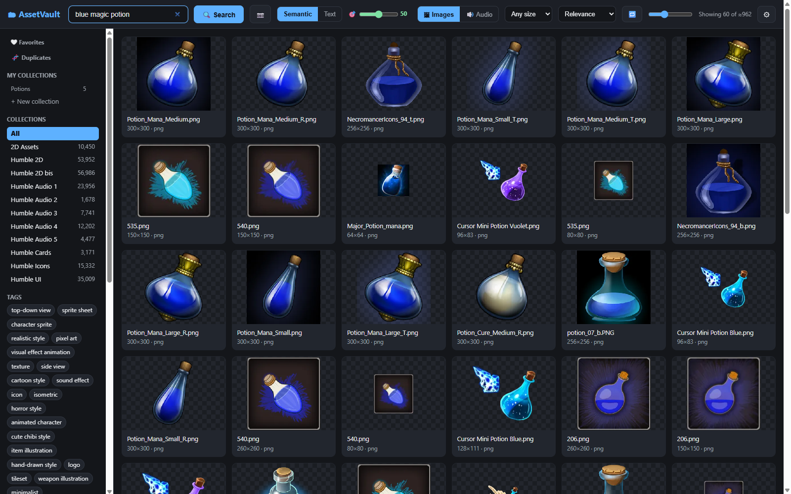 Semantic search for "blue magic potion": blue potion sprites found by meaning