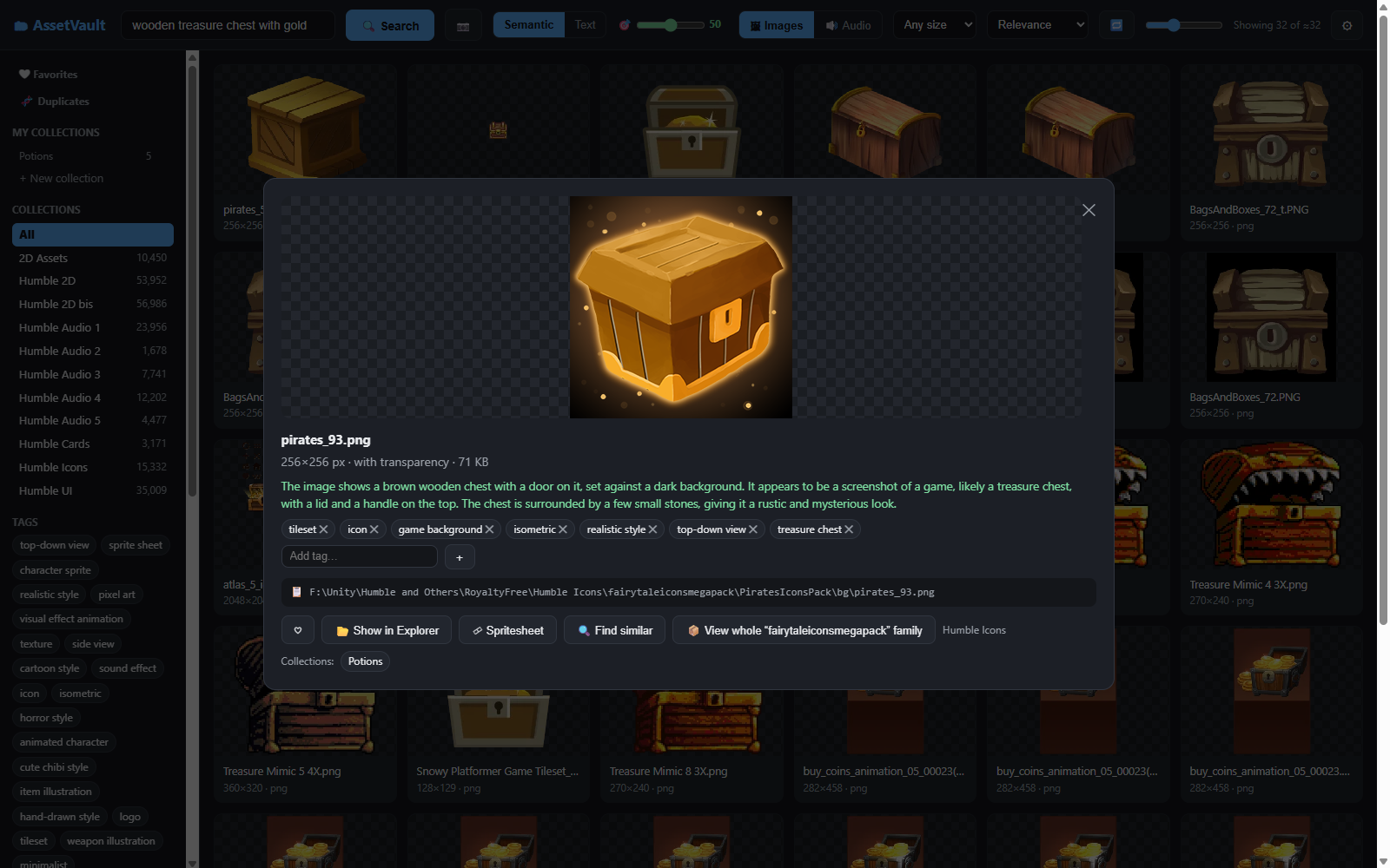 The detail view with preview, description, tags, path and action buttons