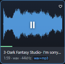 An audio card playing, showing the pause icon over its waveform